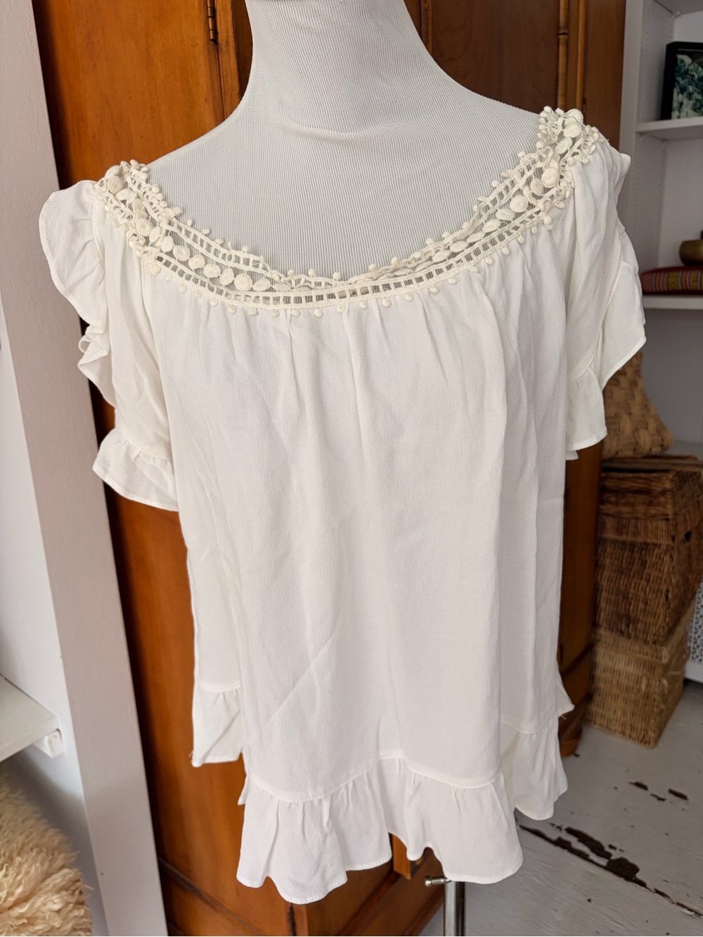 PPLA Cream Crochet-Trim Ruffle Blouse